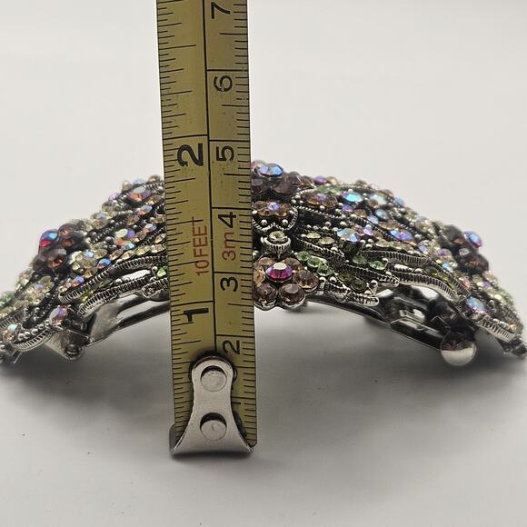 Vtg Metal Hair Barrette Clip Ornate Floral Colorful Rhinestones Artist Signed main image 6